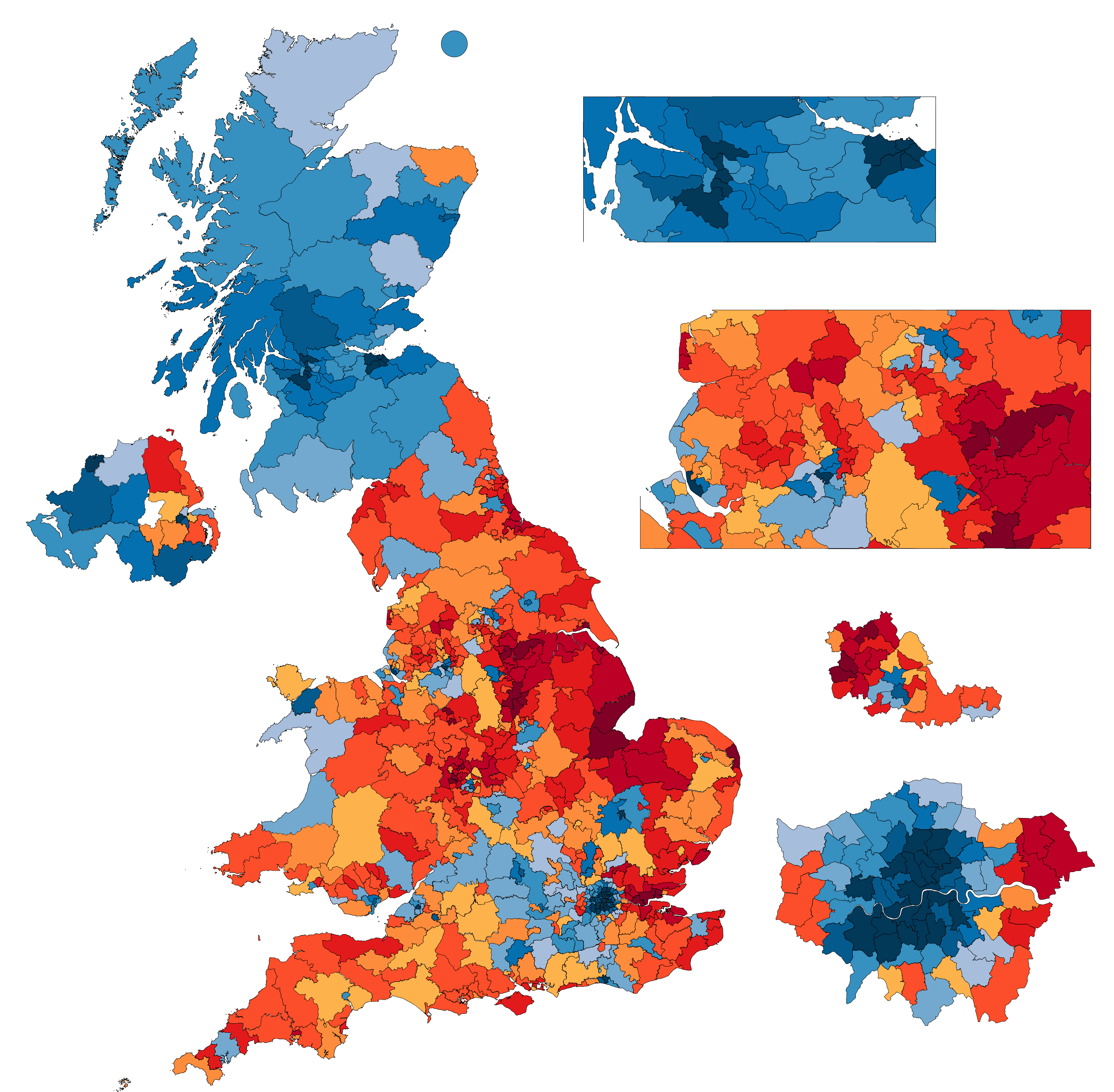EU Referendum result map — Leave (red) vs Remain (blue)